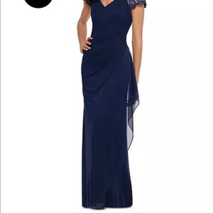 Navy Blue X-Scape Lace Sleeve Chiffon Dress